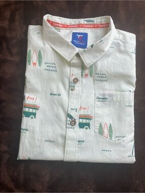Spirit White Button-Down Shirt with Green and Coral Surf Van Print